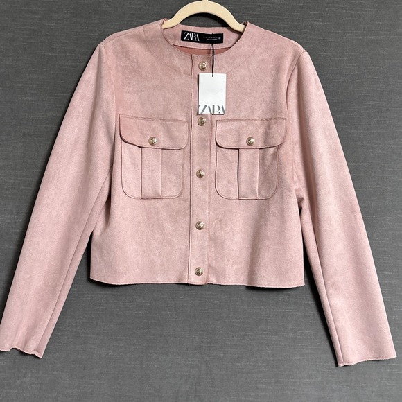 Zara Jacket XS Pink Faux Suede Cropped Blazer Utility Classic Career Preppy - Picture 1 of 8